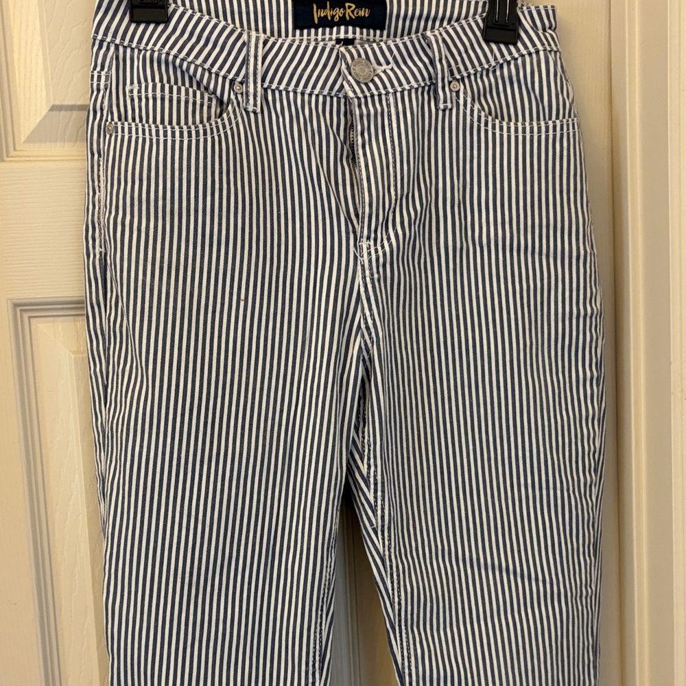 Indigo Rein Women's Blue and White Striped Flare Pants size 7 JR